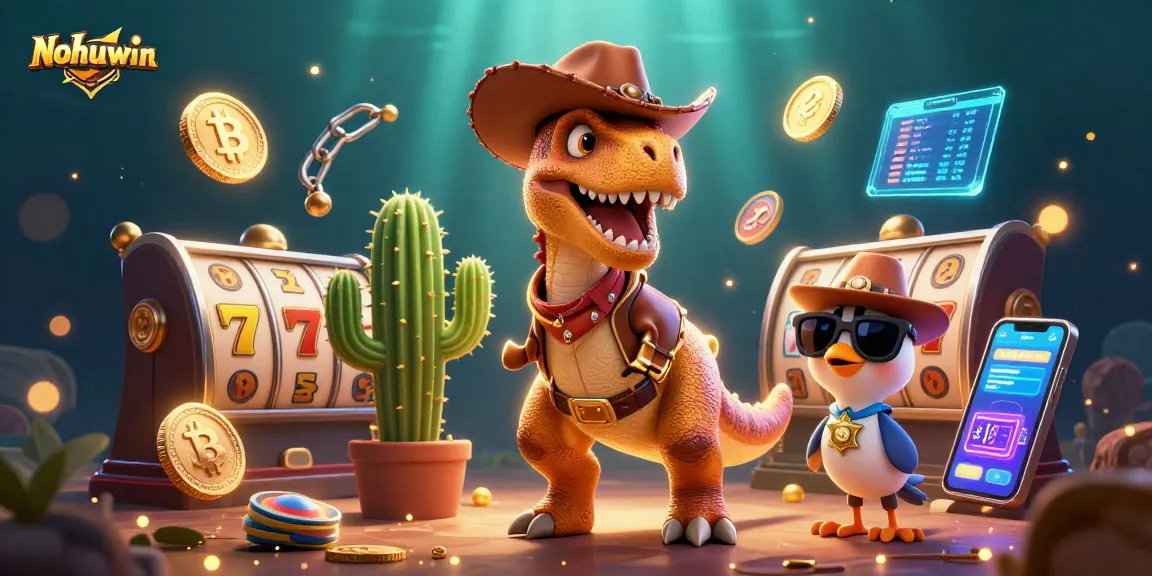 Nohuwin slots scene features a T-Rex cowboy and friends surrounded by dynamic jackpot symbols and crypto elements.