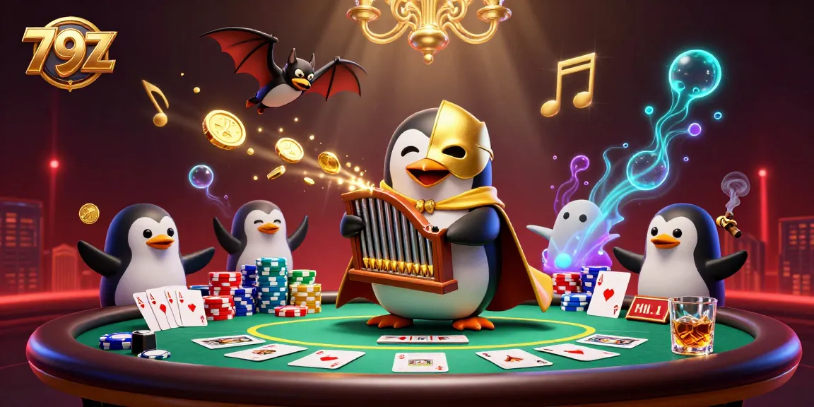 Experience the thrill of 79Z with a penguin playing a pipe organ of golden coins at a vibrant casino.