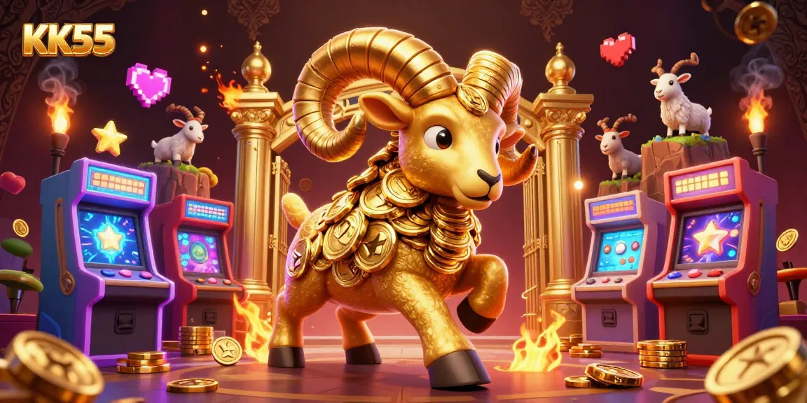 Experience dynamic gameplay at KK55 with a golden ram charging through glowing arcade machines.