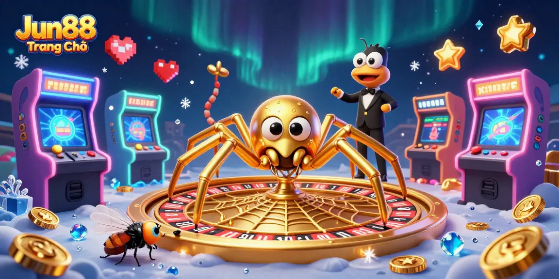 Experience thrilling bets at Jun88 Trang Chủ with a vibrant 3D gaming atmosphere involving a roulette web.