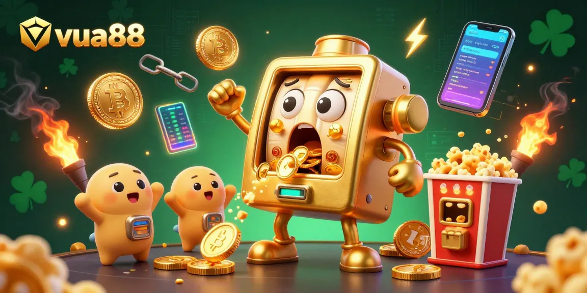 Experience the excitement of vua88 with a vibrant jackpot celebration featuring golden slot machines and crypto elements.
