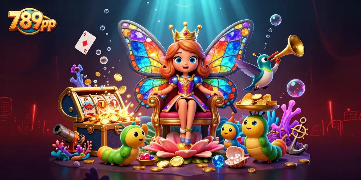 Win big at 789pp with a captivating 3D illustration of a butterfly queen and vibrant casino elements.