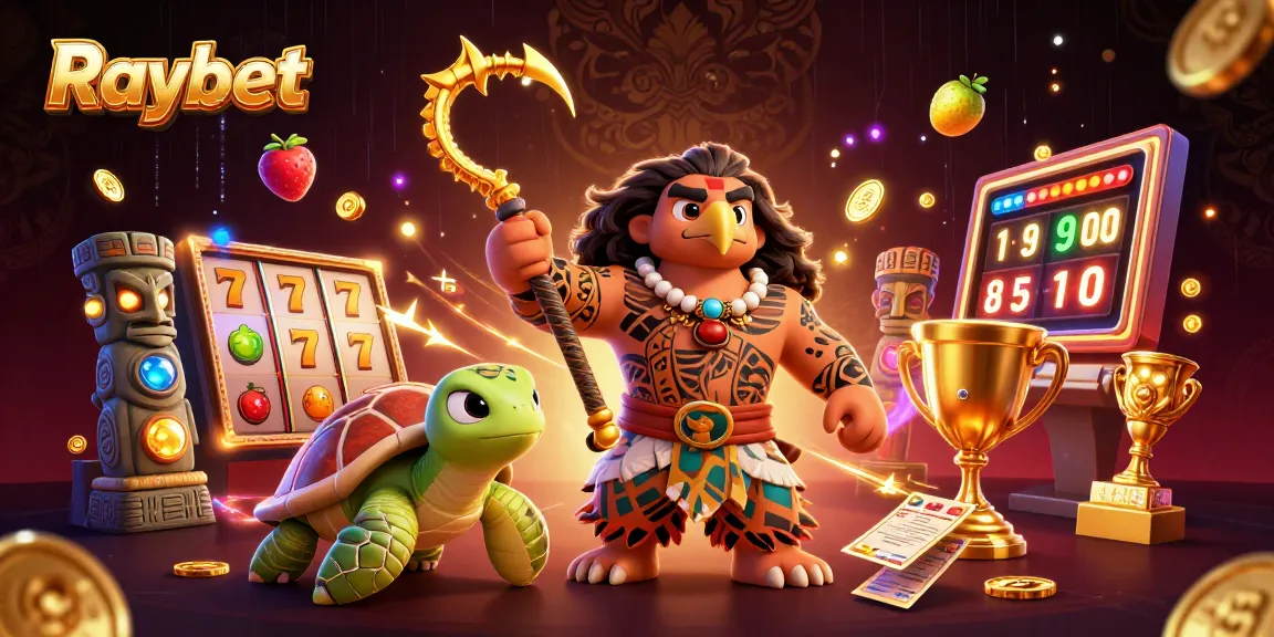 Playing slots at Raybet, a vibrant scene with colorful jackpot reels and exciting characters.