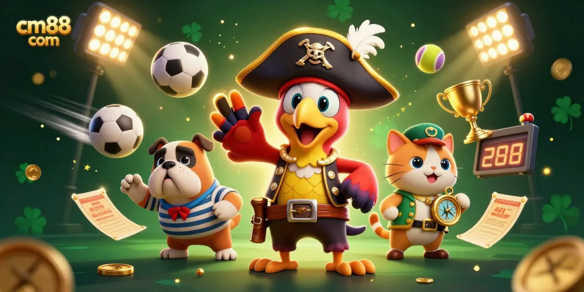 Engage with cm88 com through a dynamic sports betting scene featuring 3D cartoon characters and vibrant casino elements.