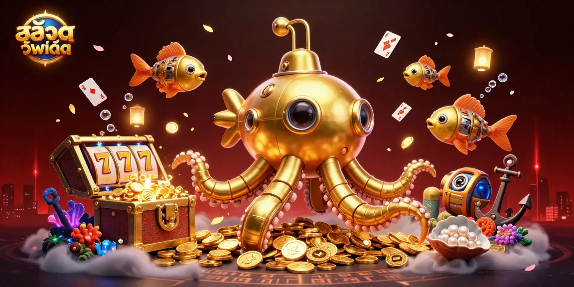 Engage with สล็อตอัพเดท amidst a vibrant 3D scene featuring a kraken submarine and slot elements.