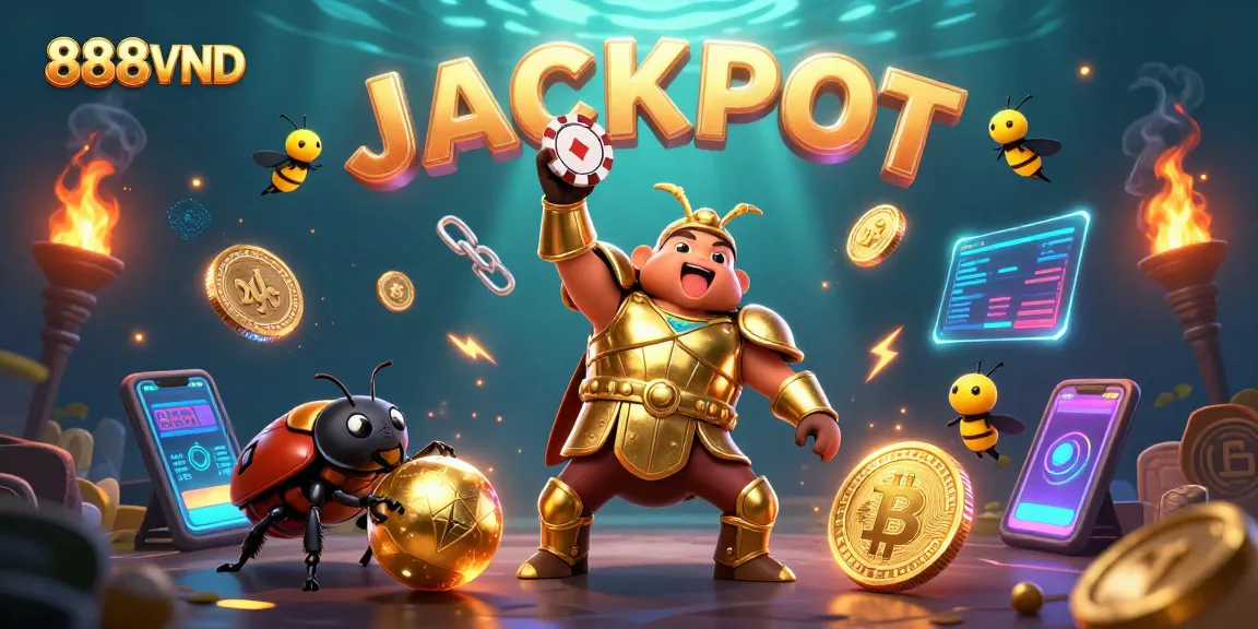 Experience thrilling gaming action with 888VND as fireflies spell JACKPOT, highlighted by crypto coins.