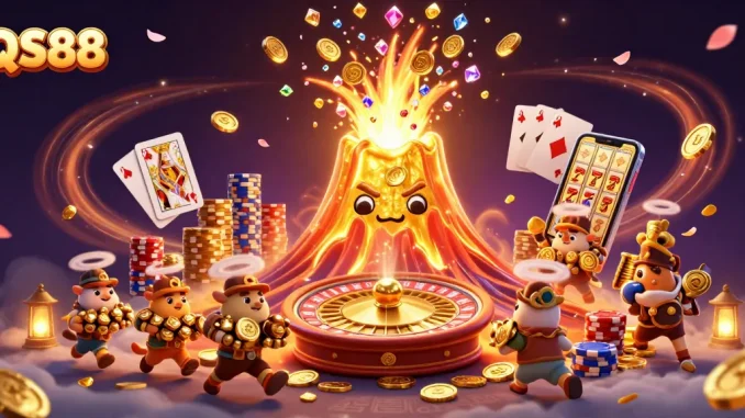 Play exciting casino games with QS88 at this vibrant, adventurous themed illustration.