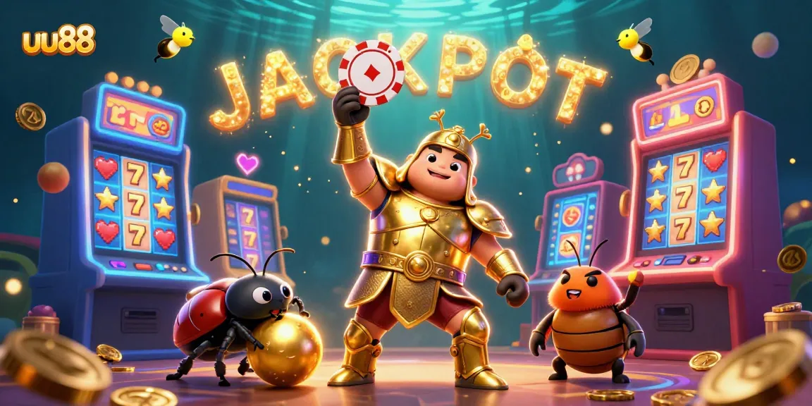 Experience thrill with uu88 as a victorious beetle raises a poker chip amidst a vibrant casino scene.