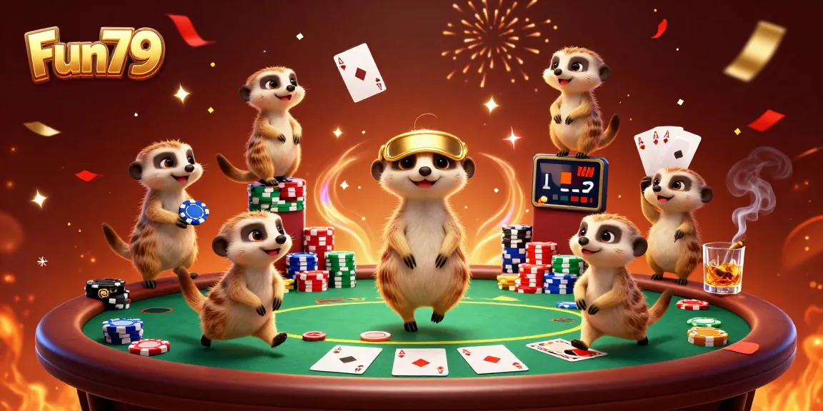Fun79 meerkat casino pit boss managing a lively poker scene with vibrant decorations.