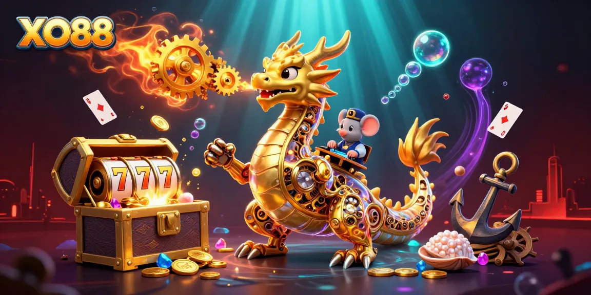 XO88 showcases a golden dragon and mouse engineer in a vibrant casino scene, symbolizing online gaming excitement.