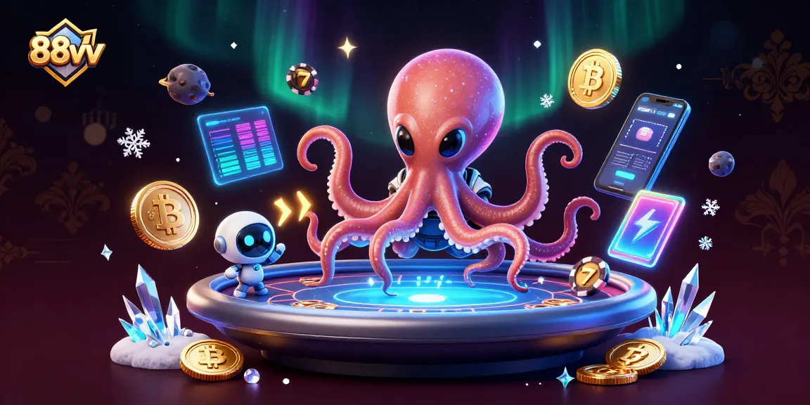 88vv presents captivating gaming with an alien octopus at a holographic poker table amidst floating cryptocurrency.