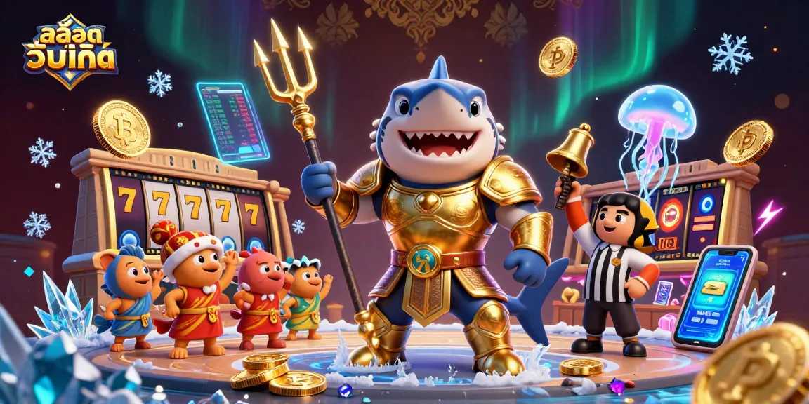 Experience exciting สล็อตอัพเดท with a fierce tiger shark in a gaming underwater arena filled with vibrant slot symbols.