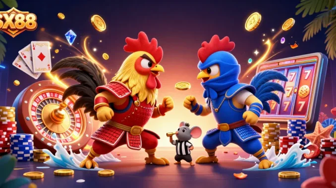 SX88 showcases a dynamic scene of twin roosters in combat, illustrating excitement and competition in online gaming.