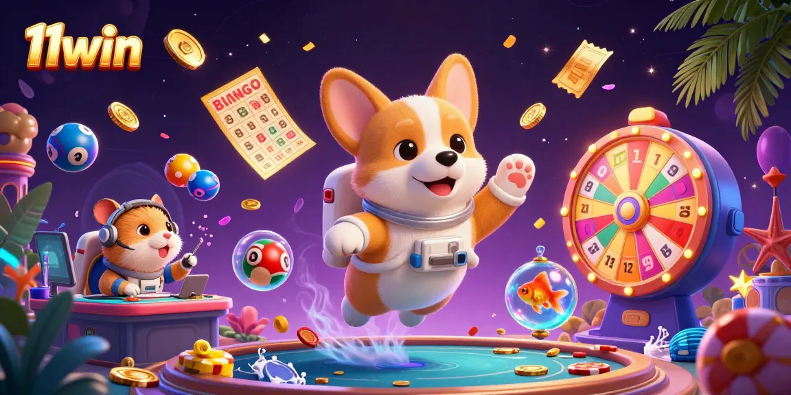 Experience excitement with 11win's engaging casino-themed 3D illustration featuring vibrant games and characters.