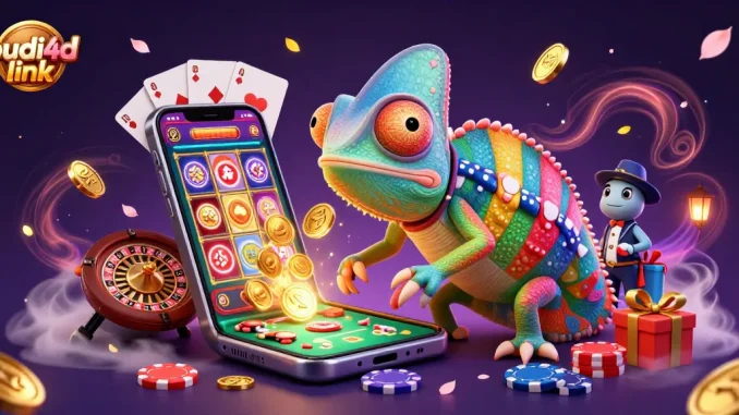 Experience the vibrant casino scene with budi4d link, featuring a colorful chameleon snapping up golden coins.