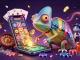 Experience the vibrant casino scene with budi4d link, featuring a colorful chameleon snapping up golden coins.
