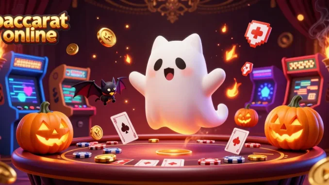 Experience baccarat online excitement with a friendly ghost cat and bat in a haunted casino scene.