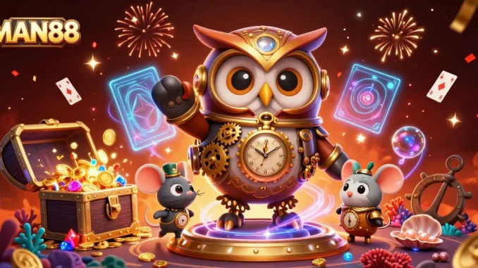 Enjoy a thrilling MAN88 gaming experience with our time-traveler owl amidst vibrant casino treasures.