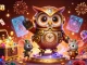 Enjoy a thrilling MAN88 gaming experience with our time-traveler owl amidst vibrant casino treasures.
