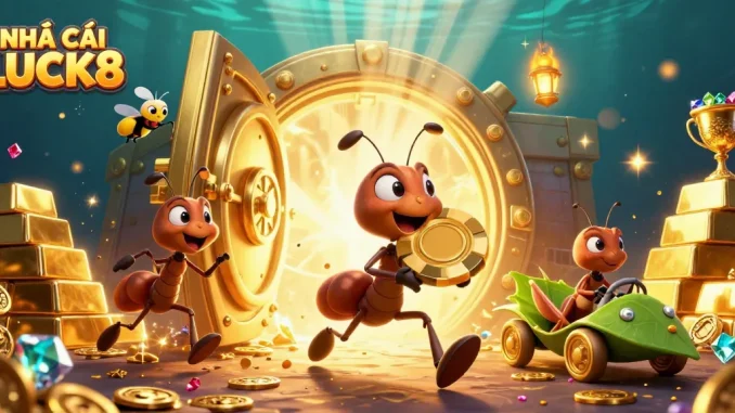 Engaging illustration of NHÀ CÁI LUCK8 showing ants heisting a giant poker chip amidst glowing treasures.