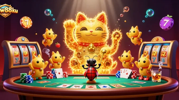 Catch the action at new88ku with golden fireflies and a lucky cat amid vibrant casino symbols.