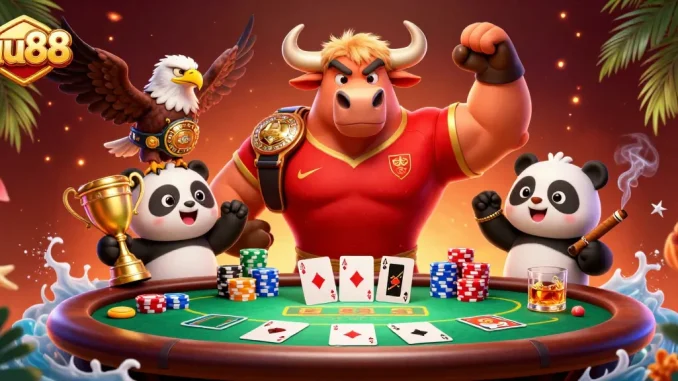 Engage with uu88's vibrant casino scene featuring characters celebrating poker success.