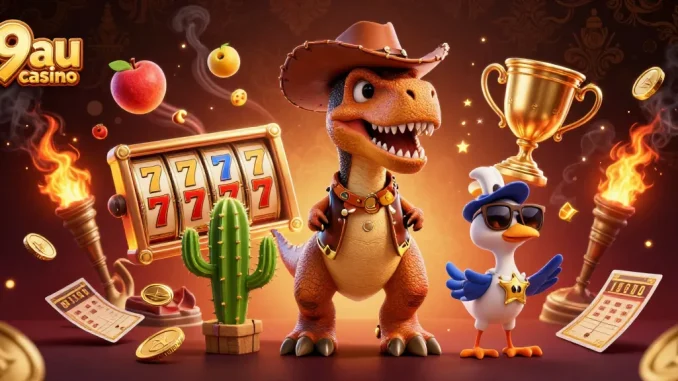 Experience excitement at 9au casino with a vibrant scene of a T-Rex, cactus, and roadrunner.