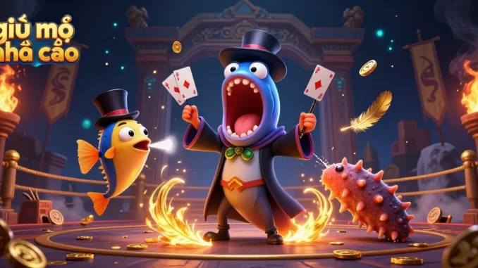 Experience the magic with giải mã nhà cái featuring a bioluminescent eel performing card tricks in a vibrant casino setting.