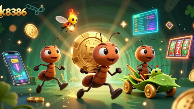 Experience the thrilling heist of ants transporting a golden poker chip with ok8386 amidst vibrant crypto elements.