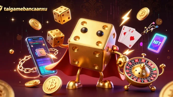 Engage with taigamebancaanxu in a vibrant 3D casino scene filled with golden dice and cryptocurrency elements.