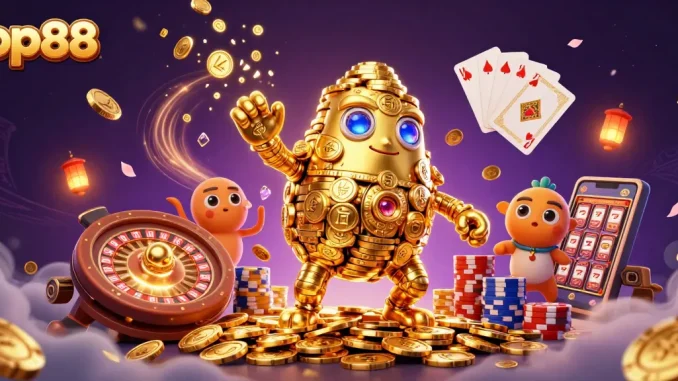 Experience the captivating world of op88 with vibrant animations and golden rewards in this dynamic casino illustration.