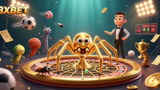 Experience thrilling moments with 8XBET as a fly nervously bets near a roulette wheel made by a golden spider.