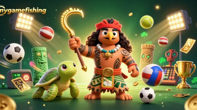 Engage with mygamefishing through dynamic sports betting action featuring a majestic demigod and adorable turtle.