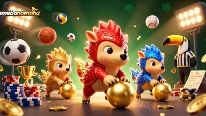 Engage in thrilling gameplay with gamebancanohu showcasing cartoon pangolins competing in a vibrant casino scene.