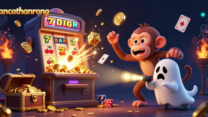 Bancathanrong's vibrant casino scene showcases a playful poltergeist monkey juggling golden gaming elements in a haunted setting.
