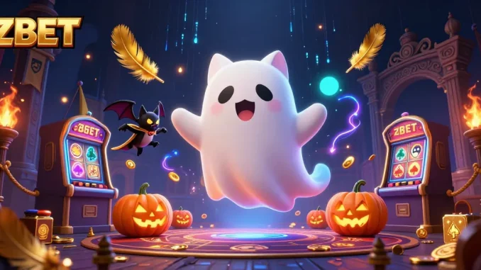 ZBET brings excitement with a ghost cat in a haunted casino scene with glowing jack-o-lanterns.