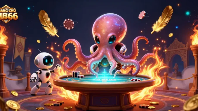 Experience the excitement of TRANG CHỦ MB66 with a thrilling poker scene amid cosmic adventure and vibrant casino elements.