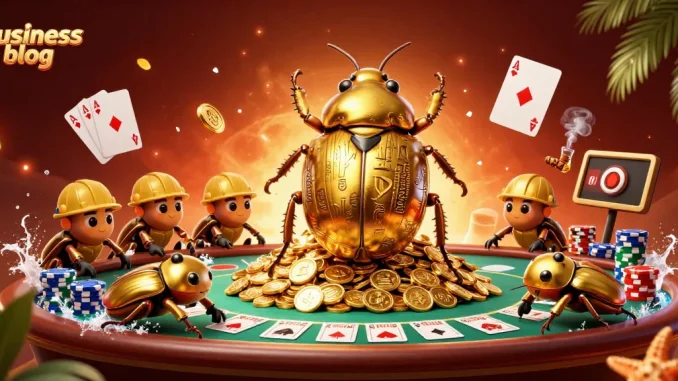 Engage with the thriving business blog featuring vibrant casino elements and golden beetles.