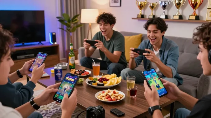Exciting Slot7000 gaming scene with players enjoying mobile games in a vibrant living room setting.