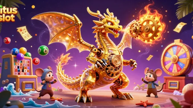 Gambarkan situs slot dengan permainan mesin buah dan elemen nge-jackpot berwarna-warni.