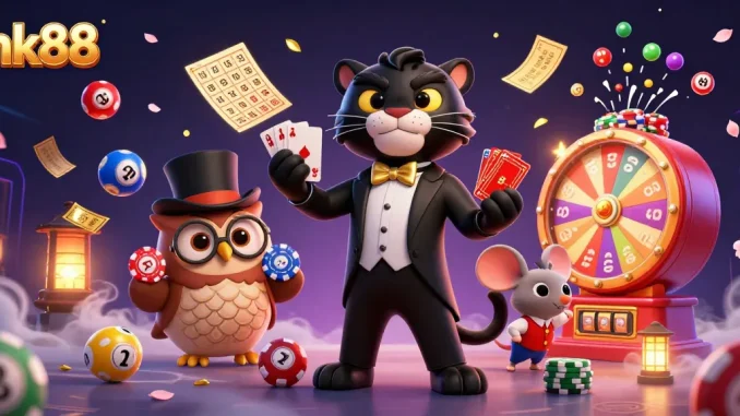 nk88 offers an exciting casino experience with a stylish panther dealer amidst vibrant game elements.