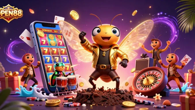 Experience thrilling gaming action with OPEN88 as the cicada rock star takes center stage in a vibrant casino.