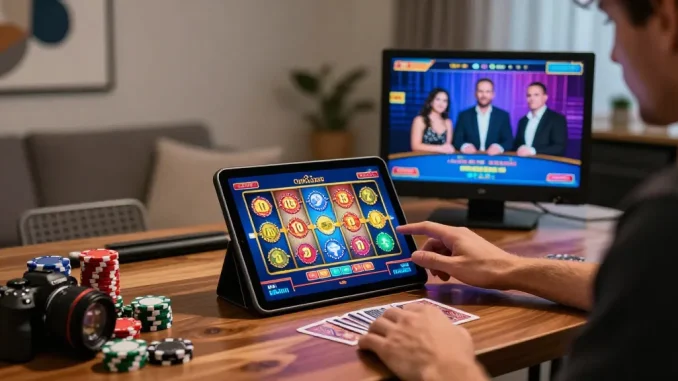 Player enjoying 78win online gaming experience in a modern setup with vibrant game graphics.