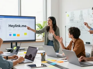 Tim kreatif mendiskusikan GEGESLOT di kantor modern dengan laptop dan papan tulis.
