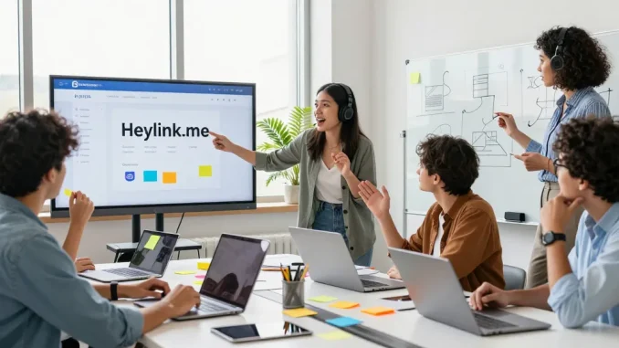 Tim kreatif mendiskusikan GEGESLOT di kantor modern dengan laptop dan papan tulis.