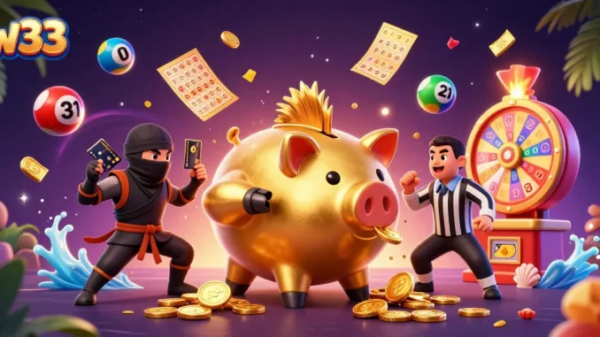 Join the excitement of w33 with a lively 3D casino scene featuring colorful games and characters.