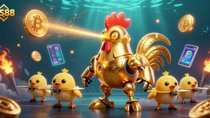 Engage with QS88's exciting features as golden rooster robot leads with crypto themes in a thrilling casino backdrop.