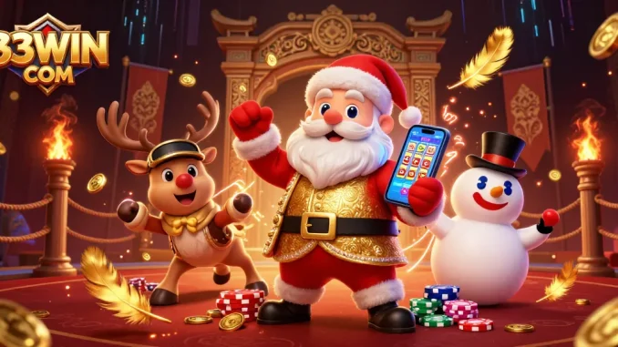 Spin to win big with 33WIN COM at a vibrant casino illustrated scene featuring Santa and friends!