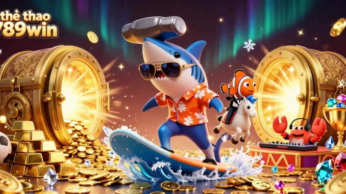 Engaging sports-themed illustration featuring thể thao 789win amidst a vibrant casino scene with a shark and treasures.