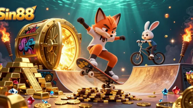 Experience the thrilling action of Sin88 with a skateboarder fox and BMX rabbit amidst casino treasures.